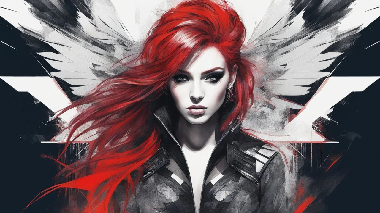 aesthetic, painterly style, modern ink, Xayah hot, red hair, neon , wings, sensual, sultry, dark blouse, expressive pose, urbanpunk, abstract texture multilayer background, neo-expressionist , Russ Mills, Ian Miller