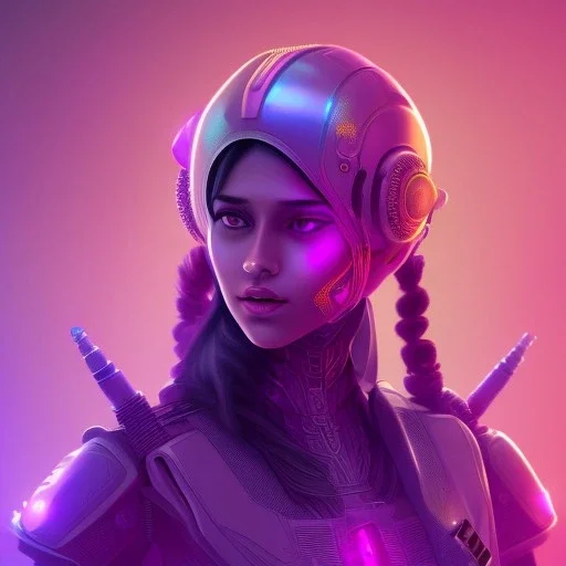 Cute indian girl face , Sci-fi character, orange backlight, pink and purple, scifi suit, profile, purple background, pink lighting