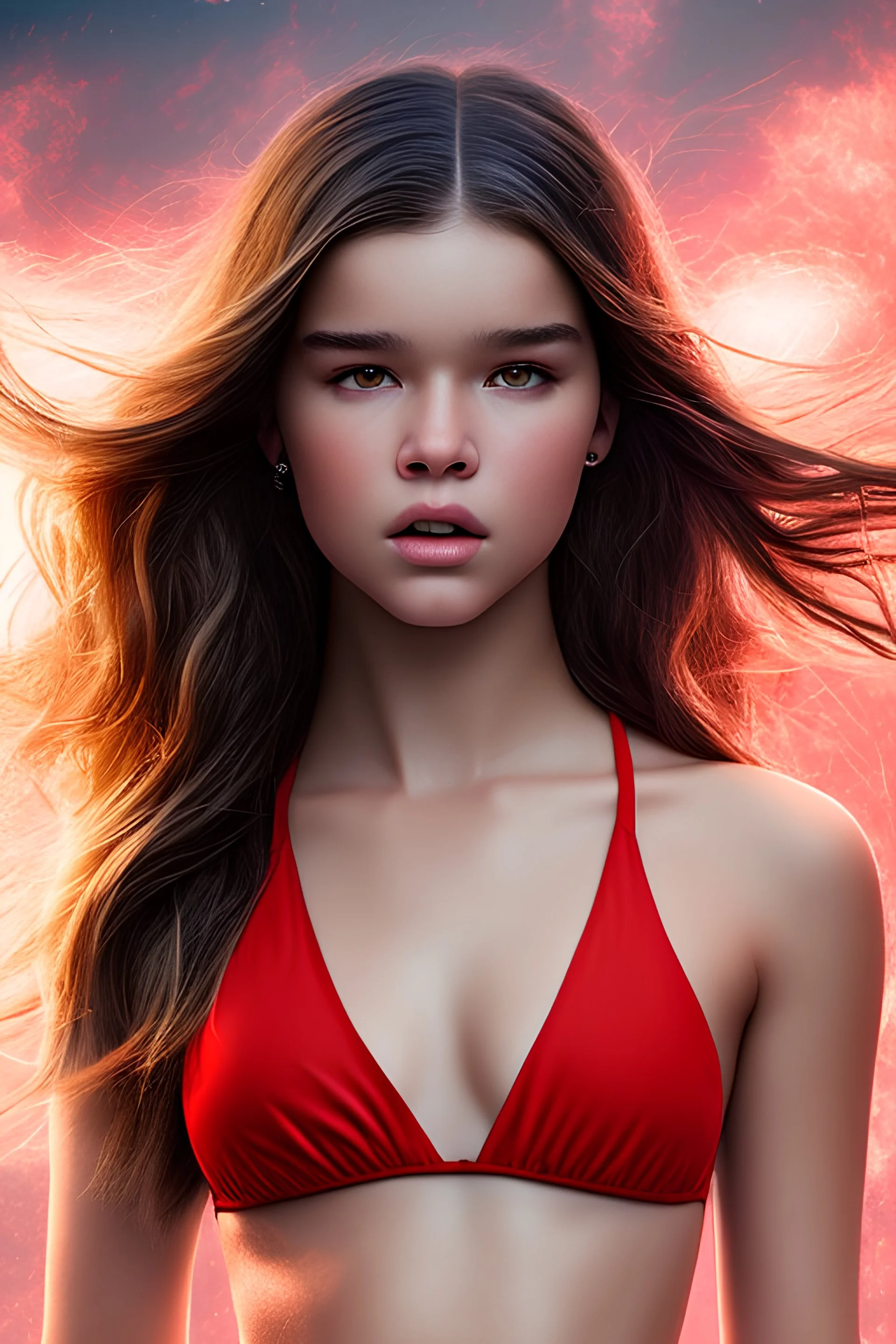 4K Ultra-HD -- Hailee Steinfeld wearing a red bikini --4k Ultra-HD--Hyper realistic--Cinema lighting