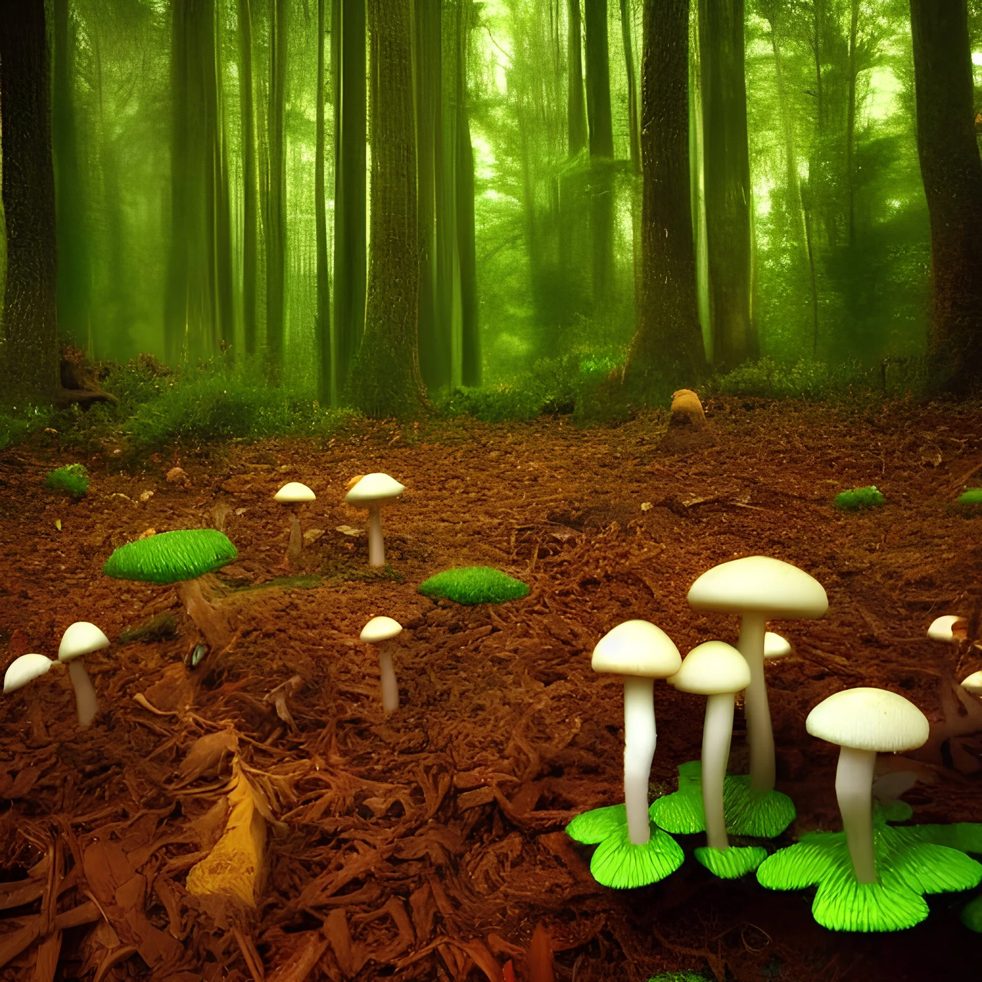 deep forest on an alien planet full of strange mushrooms