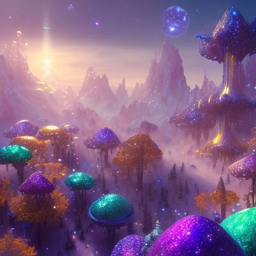 blue gold and violet landscape with multicolored crystals falling from the sky, full of details, smooth, bright sunshine，soft light atmosphere, light effect，colorful, concept art, smooth, extremely sharp detail, finely tuned detail, ultra high definition, 8 k, unreal engine 5, ultra sharp focus