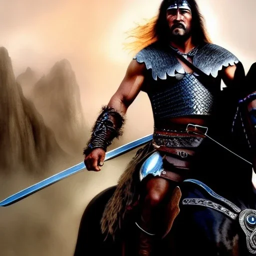 ultra detailed fullbody portrait of Conan the Barbarian Riding a Black Horse , extremely detailed digital painting, intrincate, extremely detailed face,crystal clear Big eyes, in the style of Frank Frazzetta , mystical colors , perfectly centered image, perfect composition, rim light, beautiful lighting,8k, stunning scene, raytracing