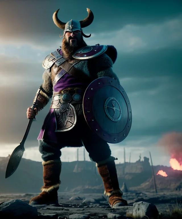 A strong and muscular vilain viking with metal face , fire and purple colours, atmospheric, aetheric, unreal engine, cinematic lighting, octane render, 8k.