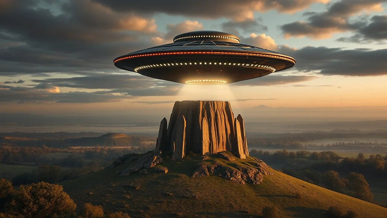 spectacular flying saucer over Glastonbury Tor, exquisite composition, beautiful detailed intricate detailed octane render, 8k artistic photography, photorealistic, perfect light, chiaroscuro, award-winning photograph, masterpiece