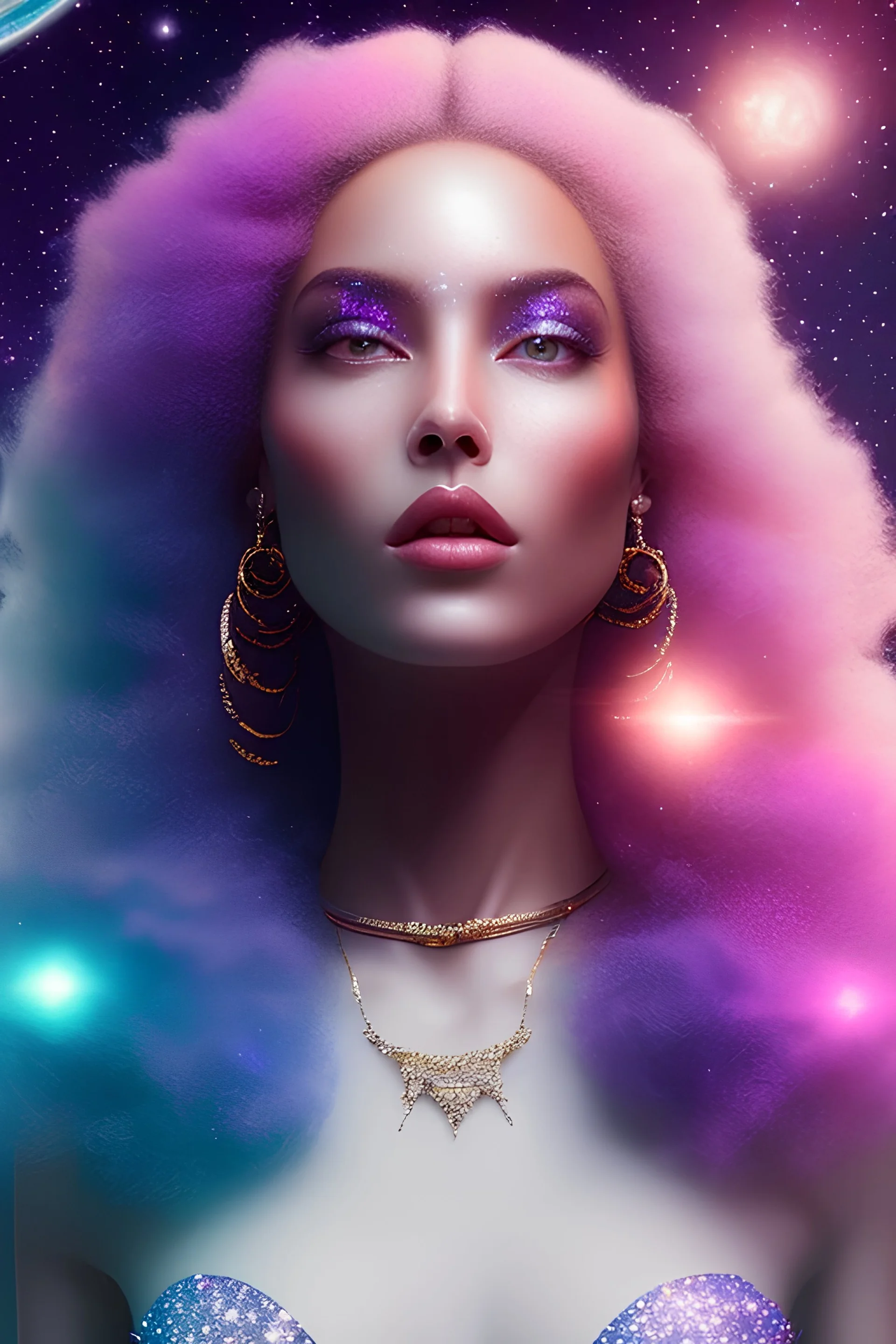 white woman glitter black in a galactic ambiance, delicate colors in the foreground, full of details, smooth, light effect，vaporwave colorful, smooth, extremely sharp detail, finely tuned detail, ultra high definition, 8 k, unreal engine 5, ultra sharp focus
