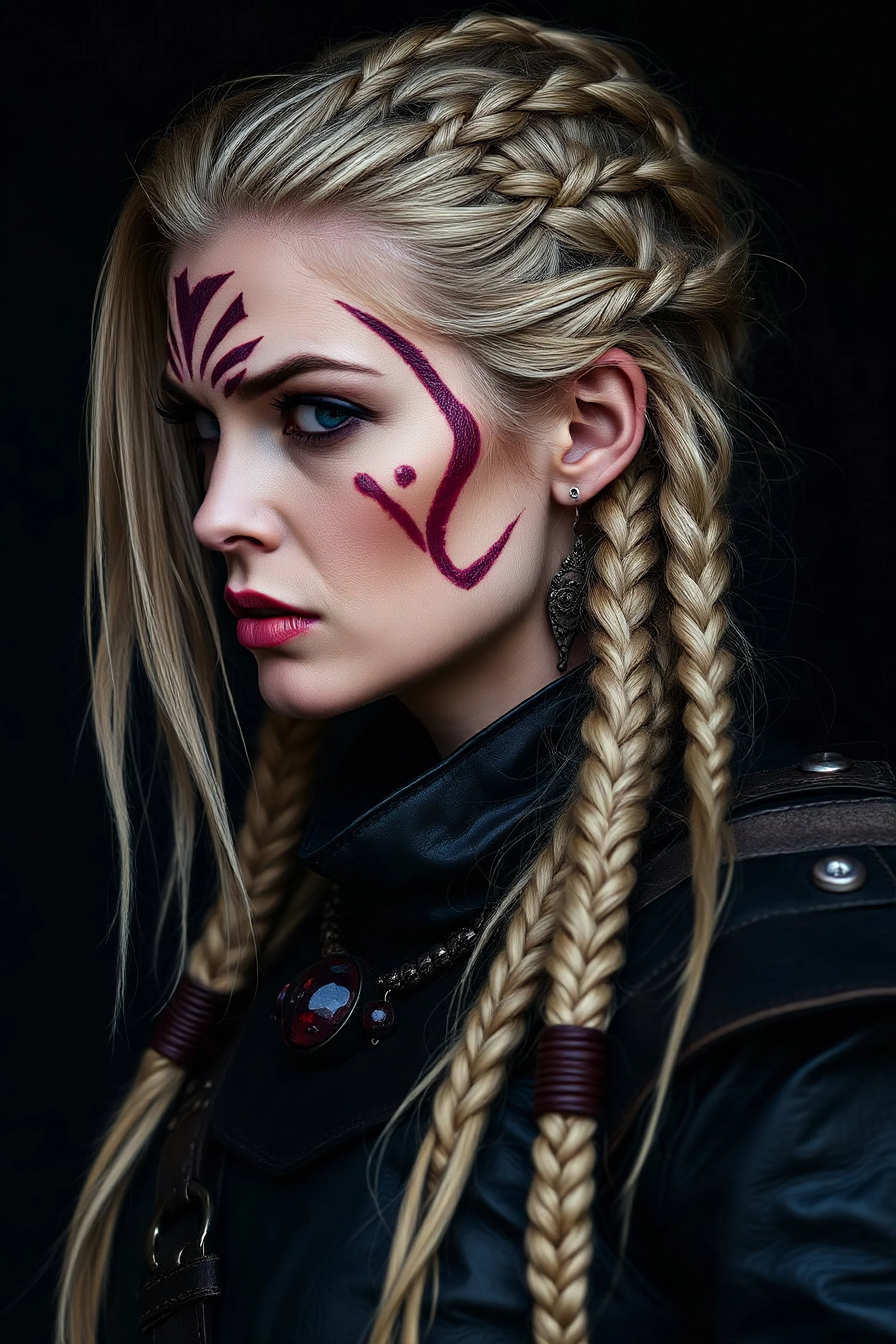 Woman, blonde hair with braids, dark blue eyes, dark red war paint, Clothing black leather, garnet jewelry, regal, angry, tribal, warrior, side view