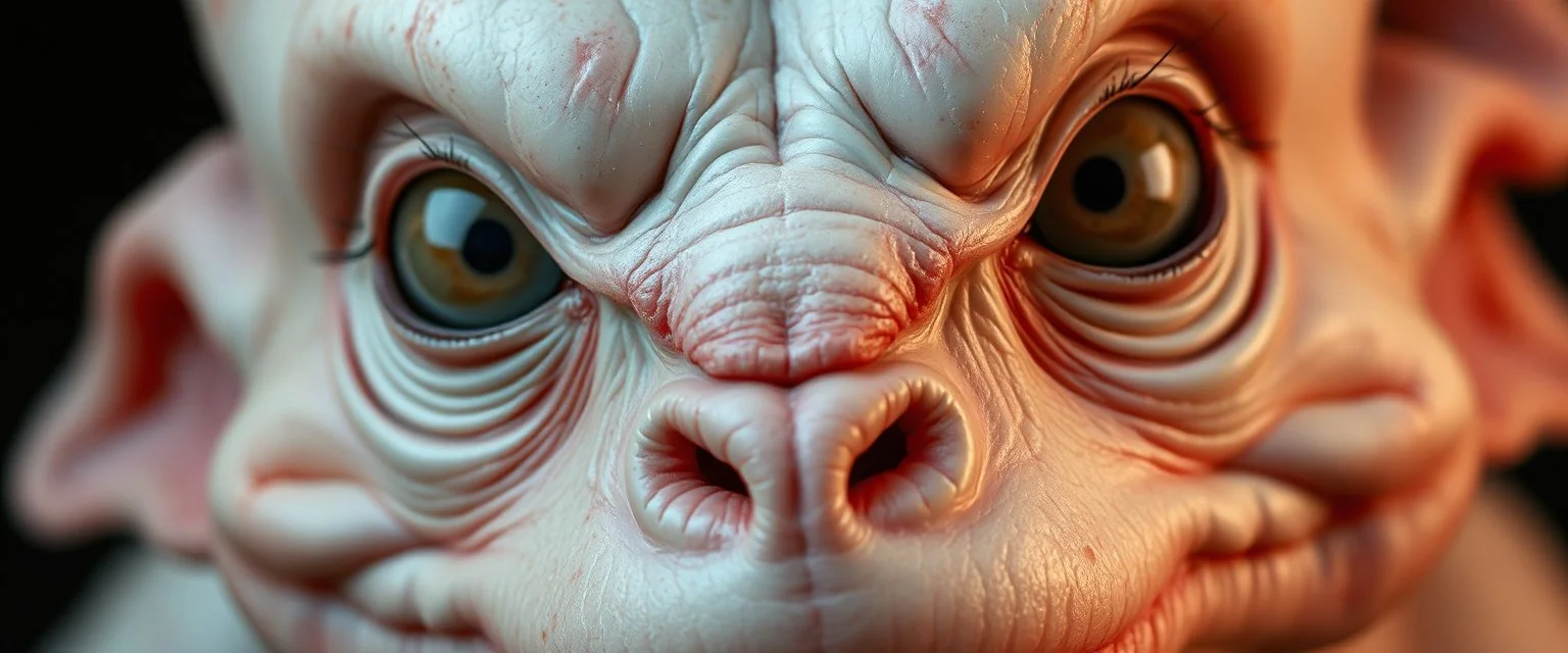close up portrait with smooth grainy skin fine pores and real skin texture, clear transparent skin, wise eyes, hairy macho kobold disco albino limbo