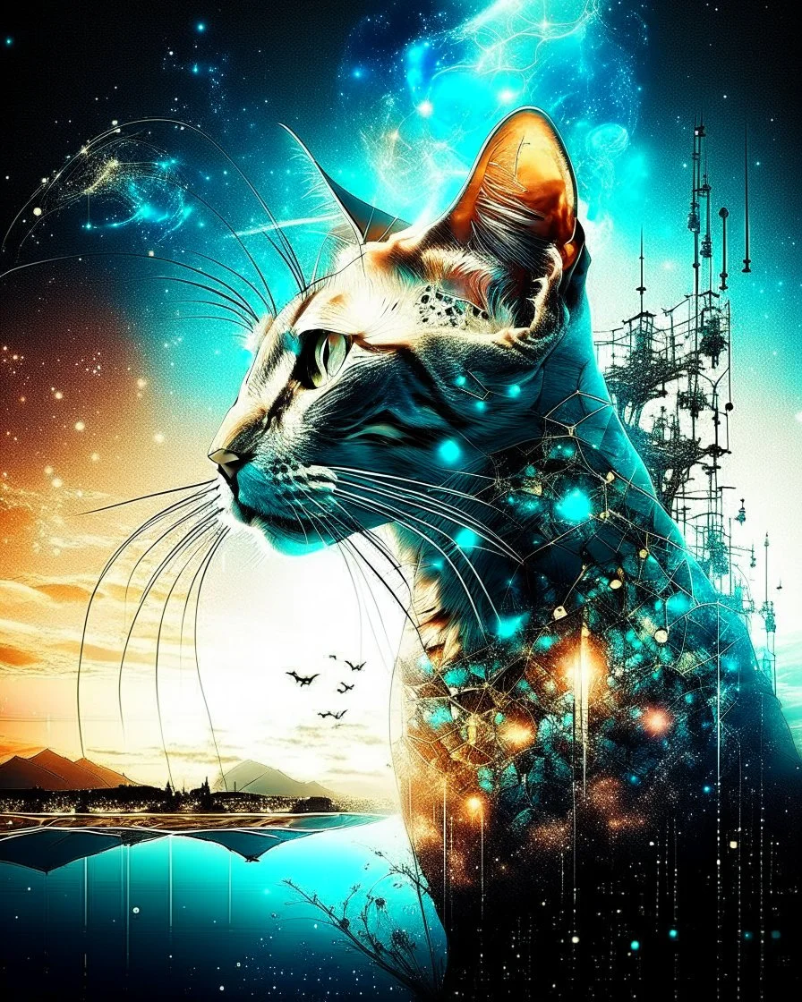 lora:Double Exposure Flux:1.0> A Oriental shorthair Siamese cat Against stars background Hyperealistic bioluminescent double exposure of Intricate Elaborate Double Exposure :: transparent cthulhu :: white background :: sunset+technology+memories inside double exposure art :: transparent layers by Photoshop Layers :: post processed double exposure art :: inspired by Surrealism+Pointillism+Double exposure art