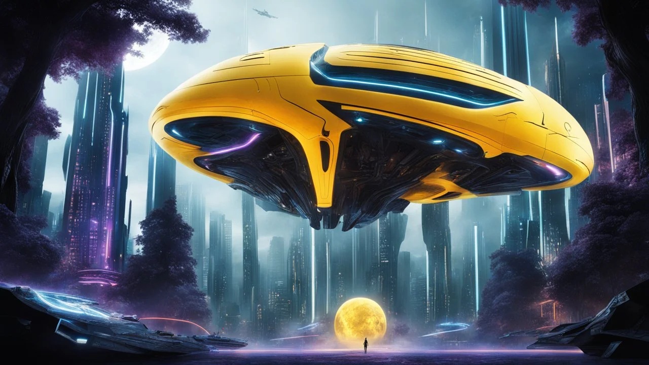 hyper realistic, tron legacy movie, matrix universe, creatures,, space ships, city of the future, trees , forest, yellow, blue, purple, orange, space, planets, god creations