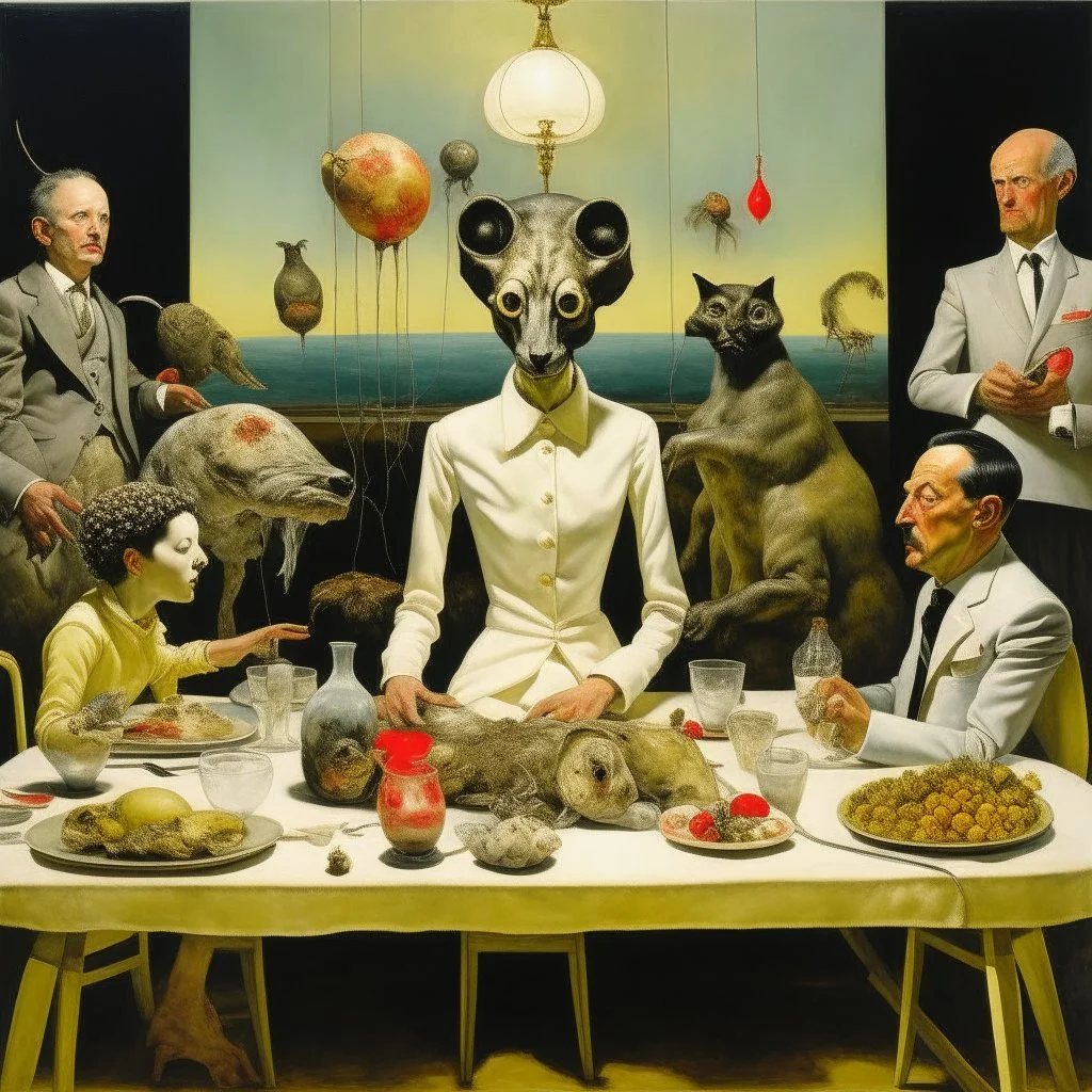 UN conference.a cat and human flesh-like surgical instruments and universe-like a pigeon and neuralink, surrealism,minimalism,Painting By Adrian Ghenie, Rene Magritte, Salvador Dali, Lucian Freud