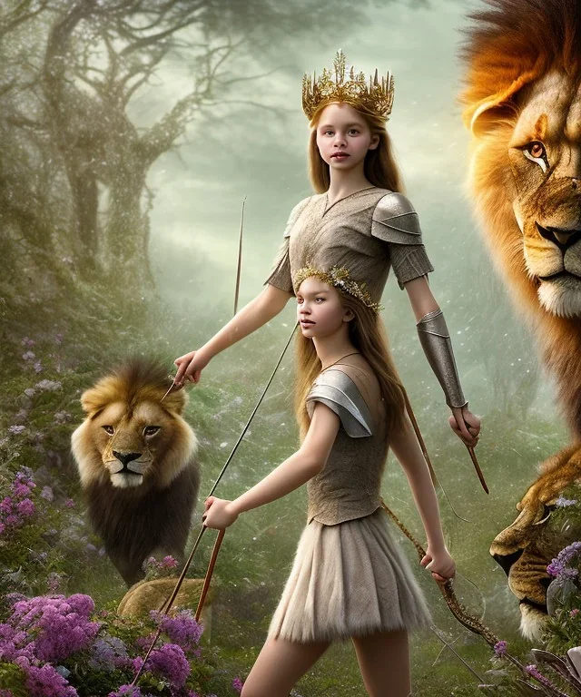 Young beautiful girl wearing floral crown and standing next to a majestic, stunning lion on nature forest path, Chronicles of Narnia, movie poster, 8k resolution, high-quality, fine-detail, iridescent, intricate, digital art, detailed matte, volumetric lighting, beautiful, illustration, 3D octane render, brian froud, howard lyon, selina french, anna dittmann, annie stokes, lisa parker, greg rutowski,