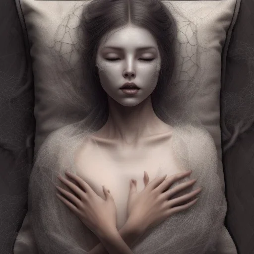 woman sleeping on pillow with spiderwebs on face and mascara running down cheeks, gothic, 8k, high-quality, fine-detail, intricate, sharp, crisp, digital art, detailed matte, illustration, octane render, brian froud, howard lyon, Anne Dittman, Anne Stokes, Lisa Parker, Selina French