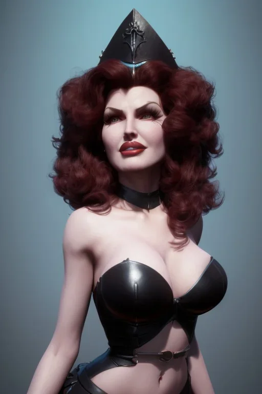 Rita Hayworth as evil queen in black leather, busty, cleavage, curvy, angry, stern look. character design by cory loftis, fenghua zhong, ryohei hase, ismail inceoglu and ruan jia. unreal engine 5, artistic lighting, highly detailed, photorealistic, fantasy