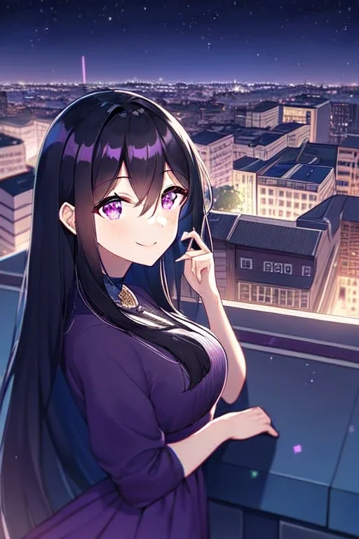 girl, masterpiece, best quality, cinematic lighting, detailed outfit, vibrant colors, perfect eyes long hair, black hair, purple eyes, night sky, starry sky, shooting star, rooftop, town, smile,