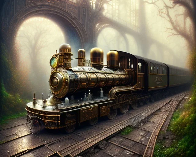 stunning hyperdetailed victorian steampunk steam train; meticulously hyperdetailed victorian engineering :: beautiful natural lighting :: photoillustration hyperrealism :: fantasy mixed media :: by Ian Miller By Android Jones By James Jean digital painting, digital illustration, extreme detail, digital art, 4k, ultra hd