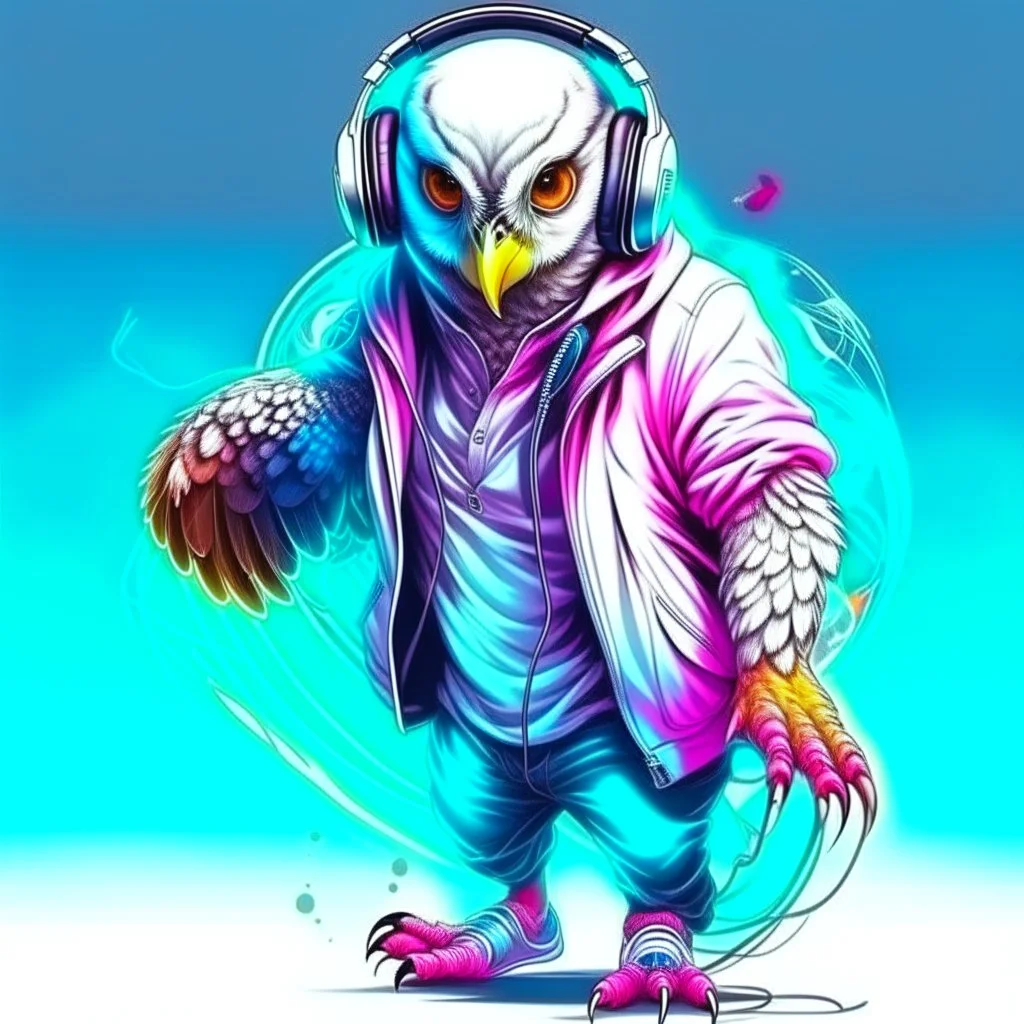 Illustrative sketch of a humanoid owl in music with headphones, full body, ultra quality, hyper detailed, graffiti, concept art, 8k