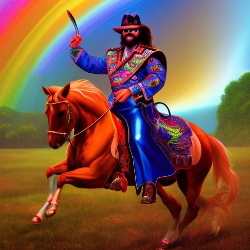 Randy macho man savage riding a horse across a rainbow