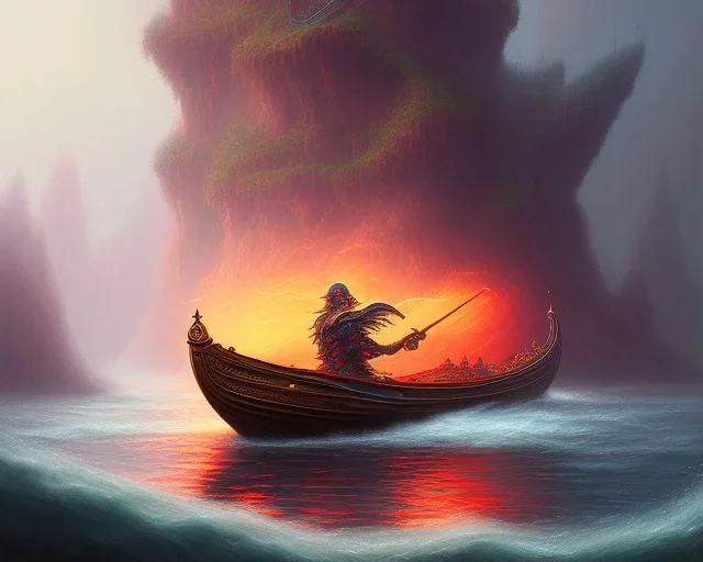 sango fantasy, fantasy magic, intricate, sharp focus, illustration, highly detailed, digital painting, concept art, matte, Greek mythology Charon ferryman in boat on river styx, sharp jagged rocks, red purple blue colours, red hot lava river