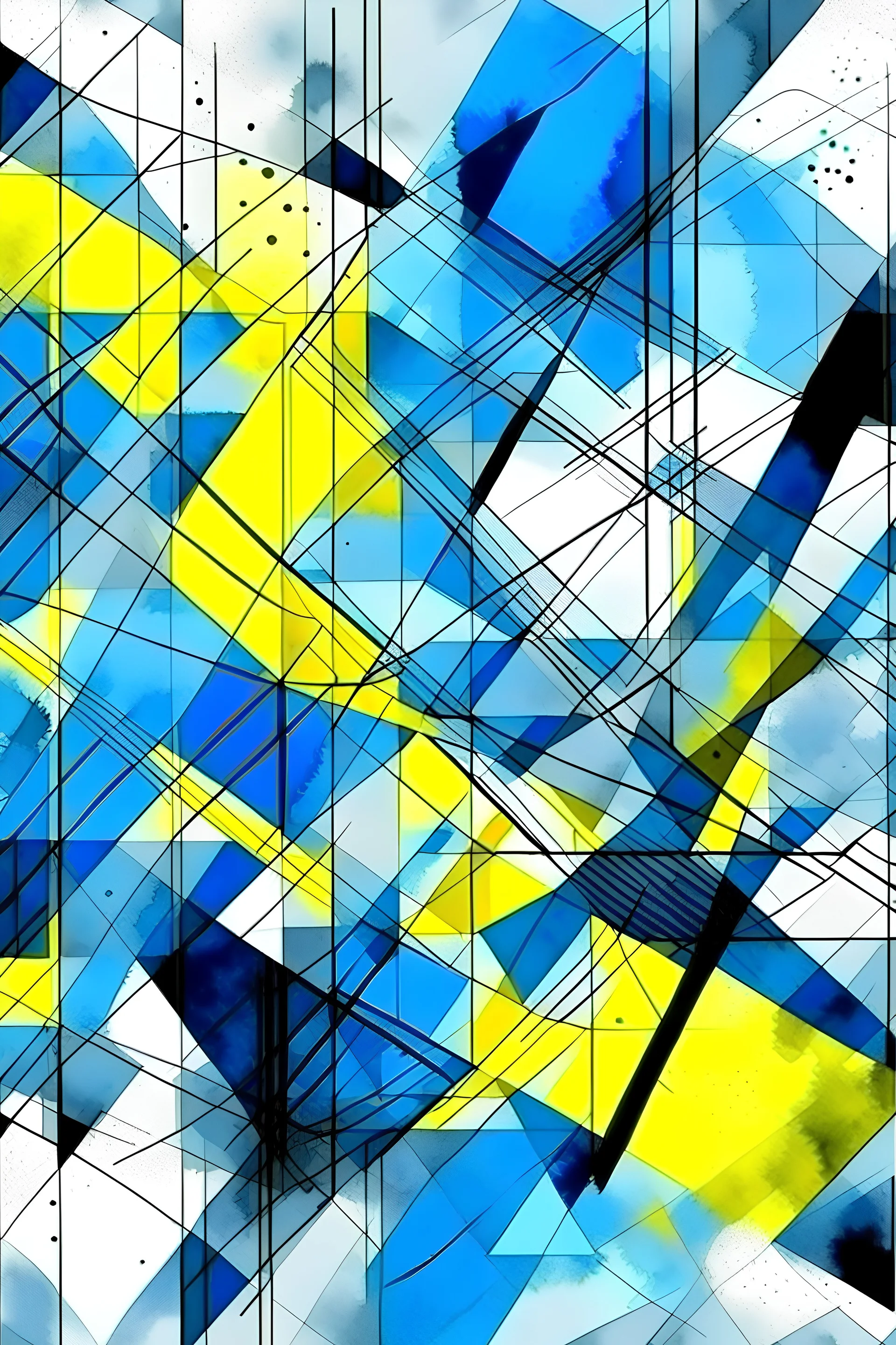 in abstract style blue and yellow in a watercolor geometrical shapes crossed by black lines on gray background