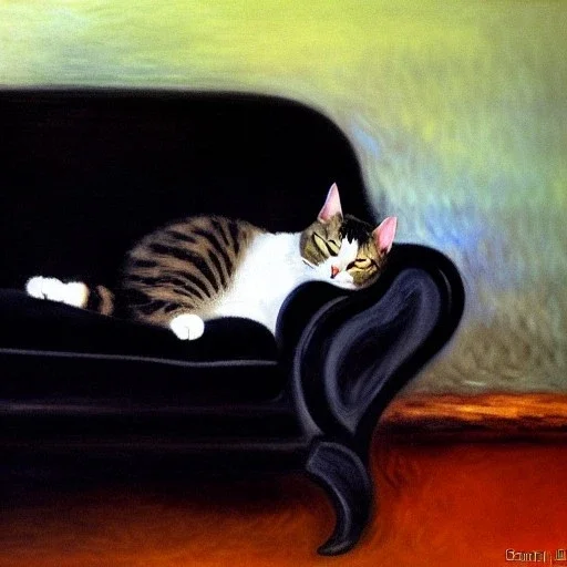 oil portrait of a Cat sleeping in a Black sofa by Monet 8k