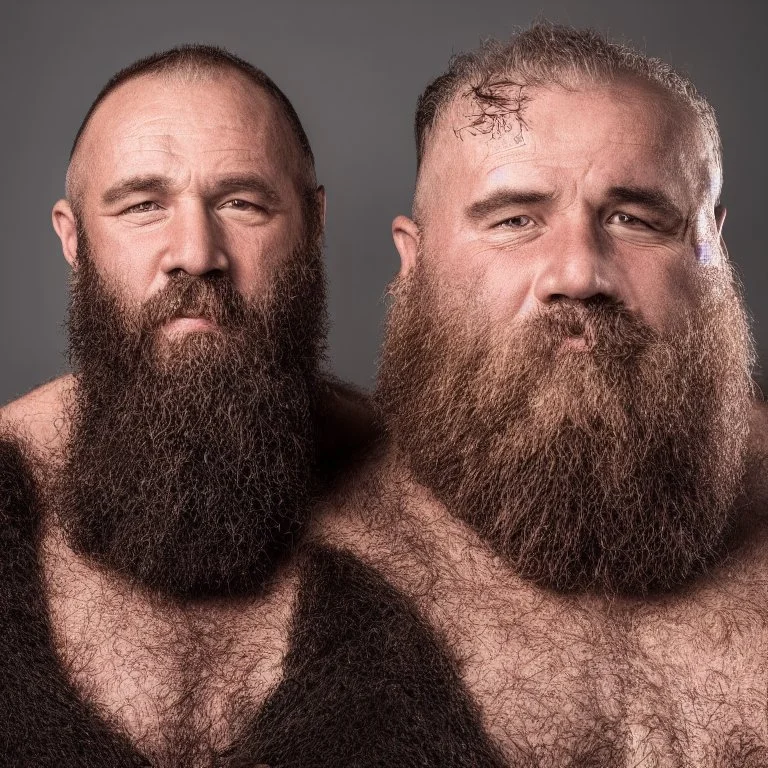 portrait photo of two 55 years old vikings embraced muscular chubby and hairy beard manly chest hairy shoulders emotive eyes hyper-realistic 4k cinematic photographic