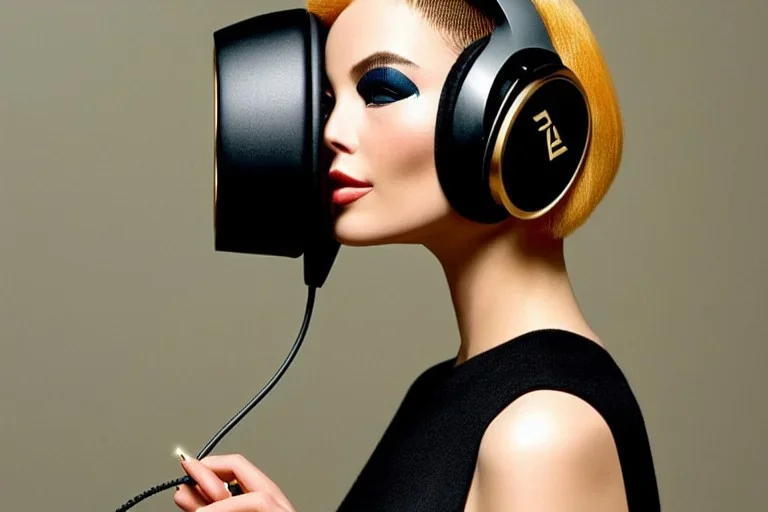 Photographic. Technological utopia. Machine, creamy fake skin, old-camera-eyes. 3D-tiling on the adaptive background. Lightly armored. Bio-punk full-mask. Lay figure woman is Surreal. Haute Couture 1990's. Light from right. Colors are silver, black, terracotta. Old AKG headphones, golden rings & disc. Logo. Thick tights. Thick calves. Curved fell. Wide hip. Tron Movie. Countermove. No hairs! The Matrix clothes made of lamb wool. Daft Punk. Biological revolution. Logo. Upcycling.