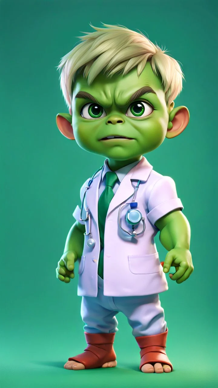 Little baby hulk, full portrait looking at the camera realistically, dressed as a doctor, bright colors make octane popular on artstation, solid color background wall, beautiful, cute, 3D rendering, cute pixar, inspired by Du Qiong, blond boy, Andrew Dixon, realistic, 3D, anime style, well shaded, smooth, Pixar.