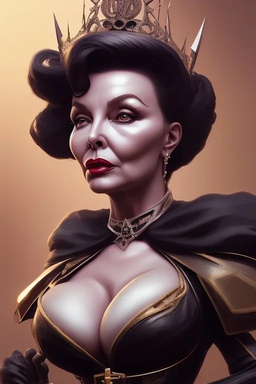 Joan Collins as evil queen in black leather, leather, busty, cleavage, angry, stern look. character design by cory loftis, fenghua zhong, ryohei hase, ismail inceoglu and ruan jia. unreal engine 5, artistic lighting, highly detailed, photorealistic, fantasy