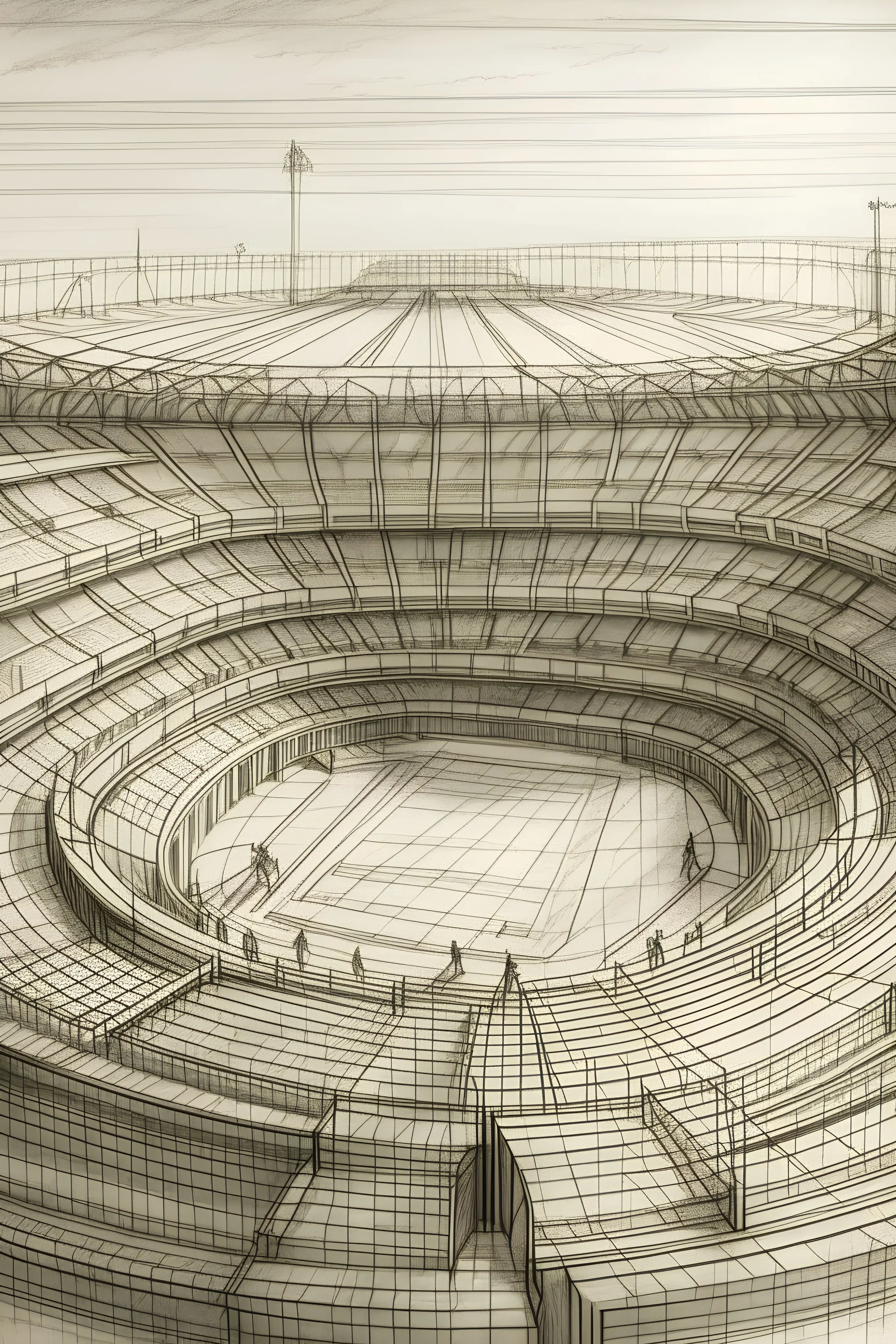 boceto a lapiz de un estadio de fútbol al estilo de Leonardo Davinci