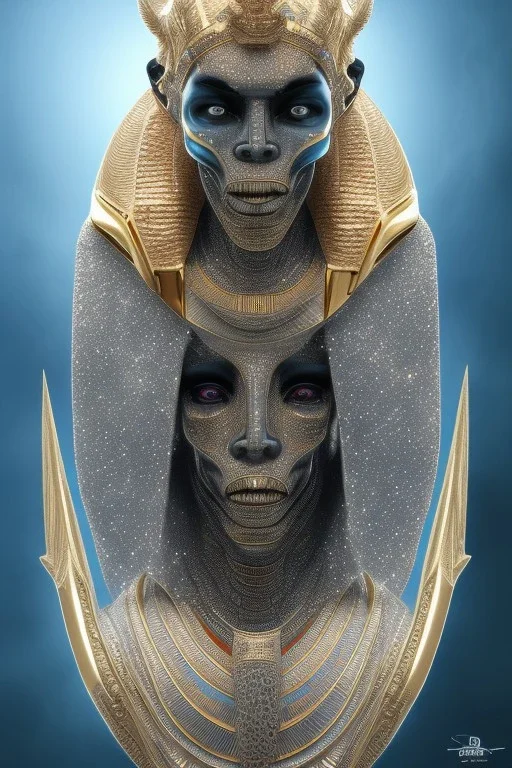 black male African Egyptian alien, cracks in the voodoo head, wicked, diamond eyes, crown, blood, 8k, finely detailed, photo realistic, tiger turquoise skull head gold dragon space alien snow skeleton gold teeth silver crown silver space suit spaceships