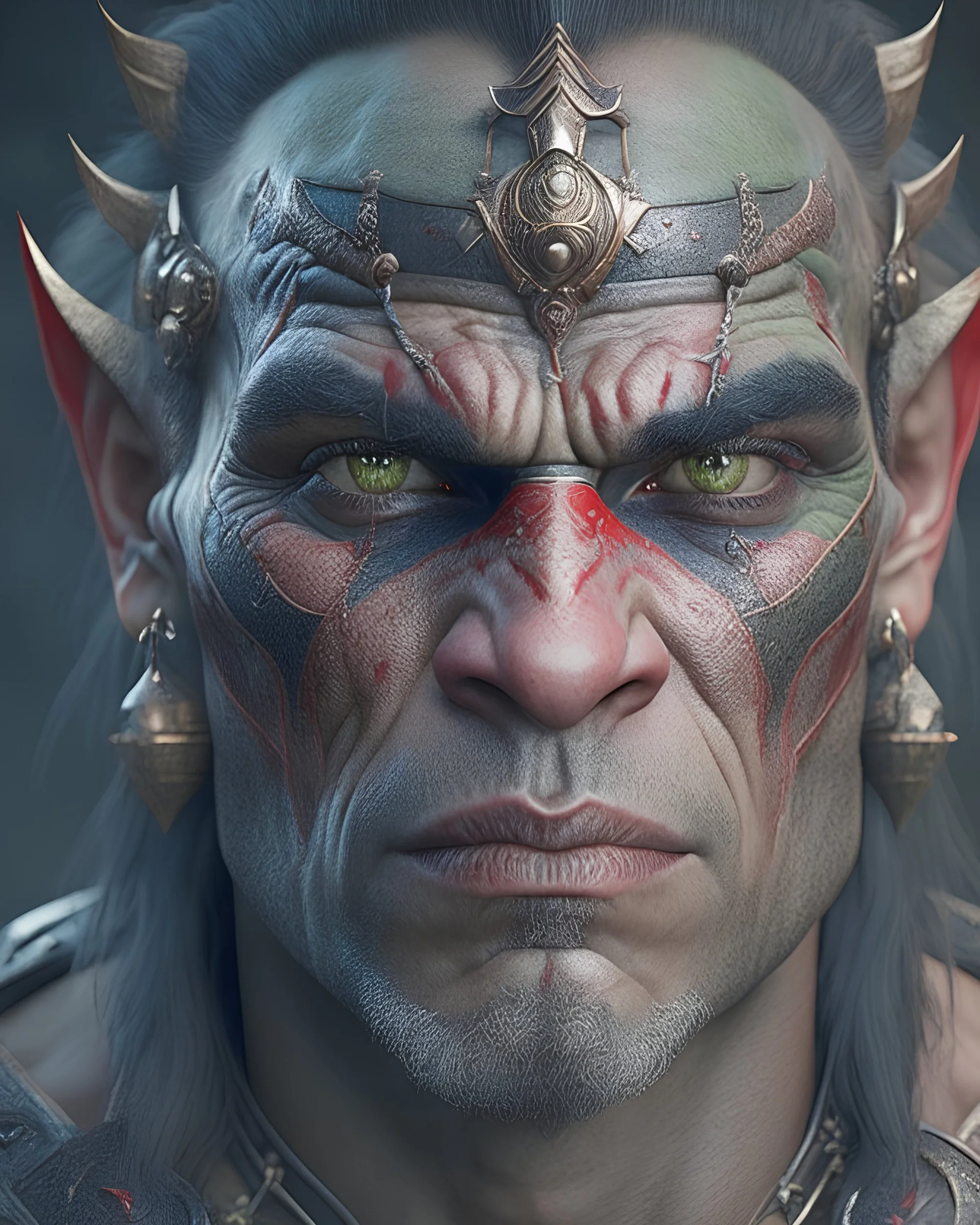 portrait d'un roi des orc. Sa peau est couverte de cicatrices. Il a un œil crevé. On voit ses veines sous sa peau. Ses cils, ses sourcils et ses cheveux sont sombres. Ses pupilles sont uniques. Son regard est triste. La moitié de son crâne est rasé. Il porte des ornements. Haute résolution. 4K. 8K. Style fantasy.