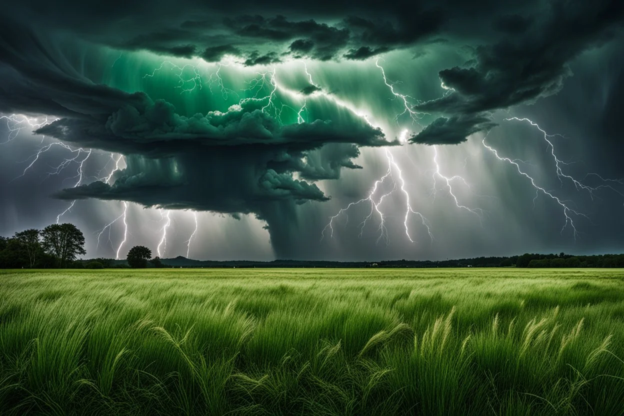 Surreal big storm, Stormy weather over a little field of tall grass. A cereal circle in grass under a dramatic sky filled with large, dark clouds. Lightning can be seen streaking across the sky, creating a striking contrast with the green grass. The atmosphere appears ominously foreboding, as if the storm might unleash its fury upon the land,Kandinskysurreal, sinister, dali, bosch, klee style