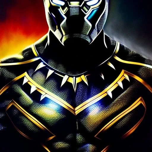 Ultra detailed fullbody Portrait in oil on canvas of black panther merges with ironman ,intense stare,extremely detailed digital painting, extremely detailed face,crystal clear Big eyes, mystical colors ,perfectly centered image, perfect composition, rim light, beautiful lighting,masterpiece,8k, stunning scene, raytracing, anatomically correct, in the style of robert e howard and Ken Kelley and Ohrai Noriyoshi and Simon Bisley and tomzj1