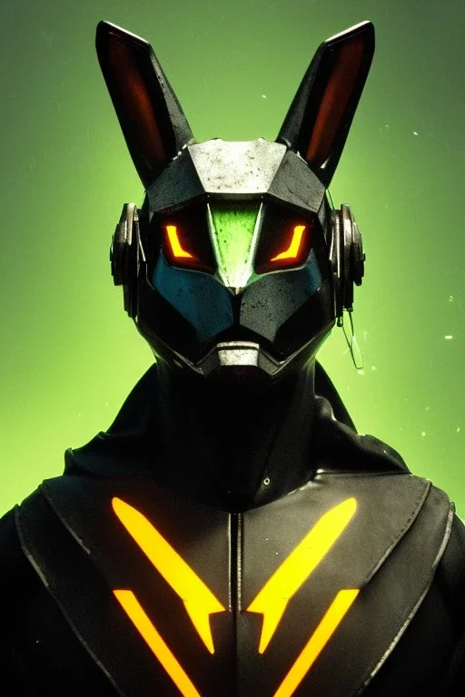 Medium Close Up Portrait, Front image. cyberpunk, rabbit mask helmet, strong man, titanium hair. Latex suit. Black, yellow, color. Rocketer style. Color background, photo studio. Avatar image, highly detailed, concept art, smooth, unreal engine 5, ray tracing, RTX, lumen lighting, ultra detail, volumetric lighting, 3d, finely drawn, high definition, high resolution.