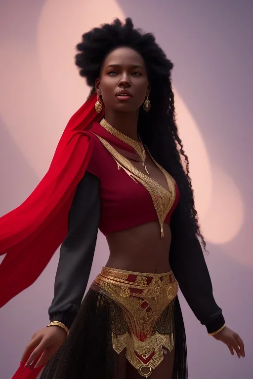 A portrait of a beautiful curvaceous black woman with long black hair, wearing a red scarf, wizard, magical, ethereal, intricate, realistic lighting, soft lighting. Concept art by wlop. Ultra quality 8k. Ultra Realistic