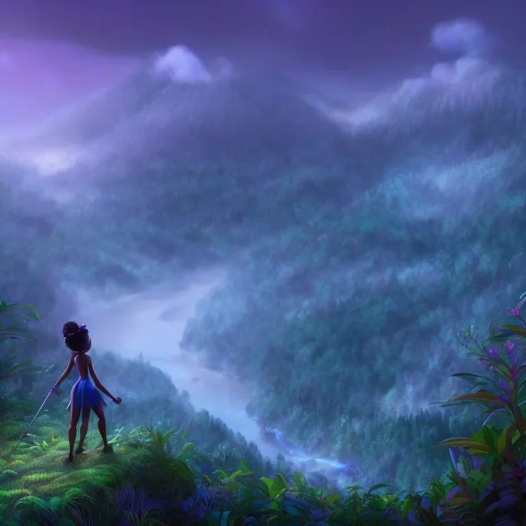 blue ridge mountains environment, fairy novel character, portrait, vibrant colors in the style of athletic black princess, colorful volumetric reflective lighting effects, beautiful spirit ultra detailed, Intricate concept character design is walking through the dark forest woods