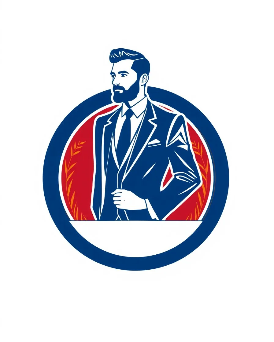 A circular logo with a vector of a groom in a suit at the top of the logo in a blue, red, white and gold color theme.