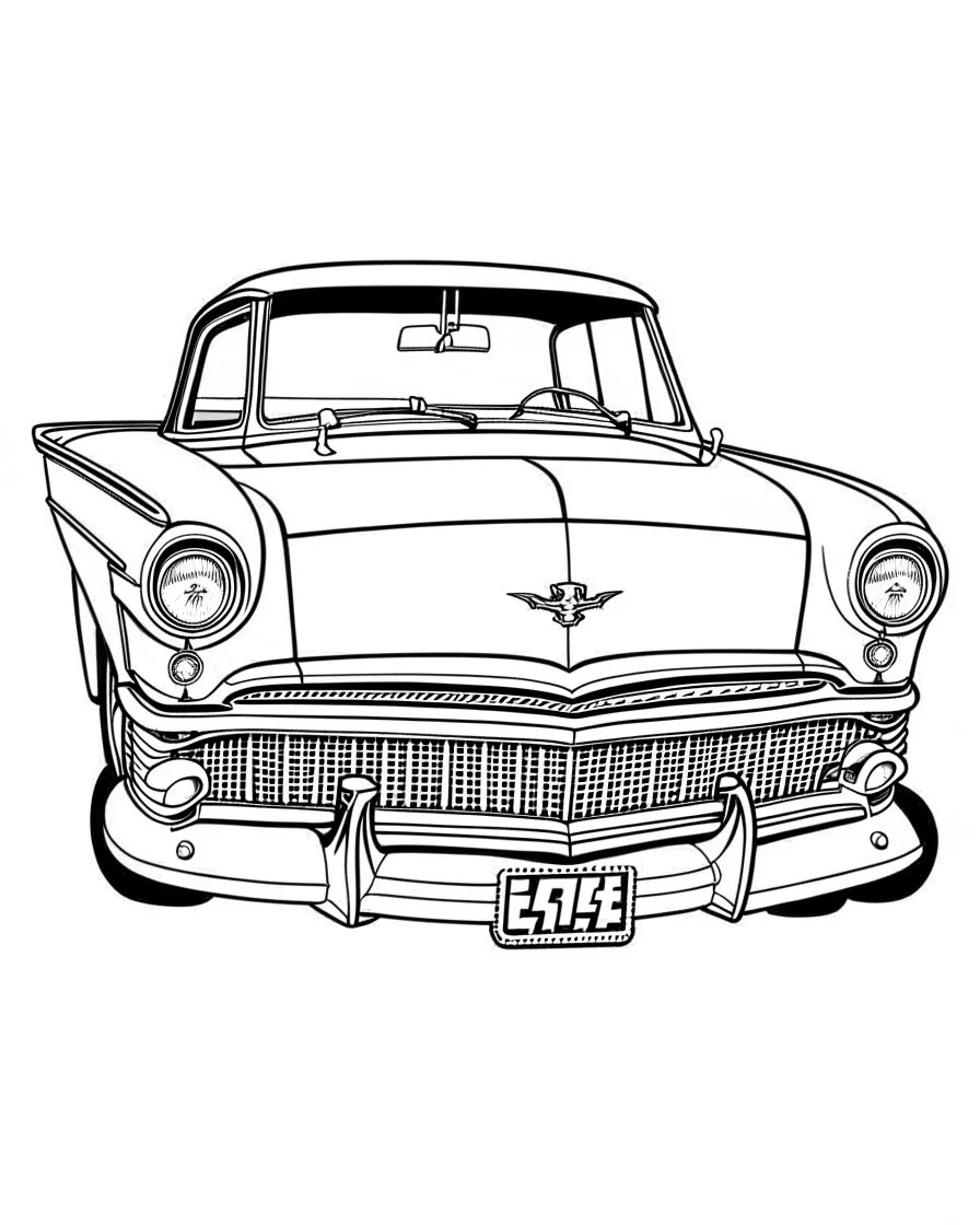 front 1955 Chevy Bel Air Coloring Book, white background, kawaii style cartoon coloring page for kids, cartoon style, clean line art high detailed, no background, white, black, coloring book, sketchbook, realistic sketch, free lines, on paper, character sheet, 8k