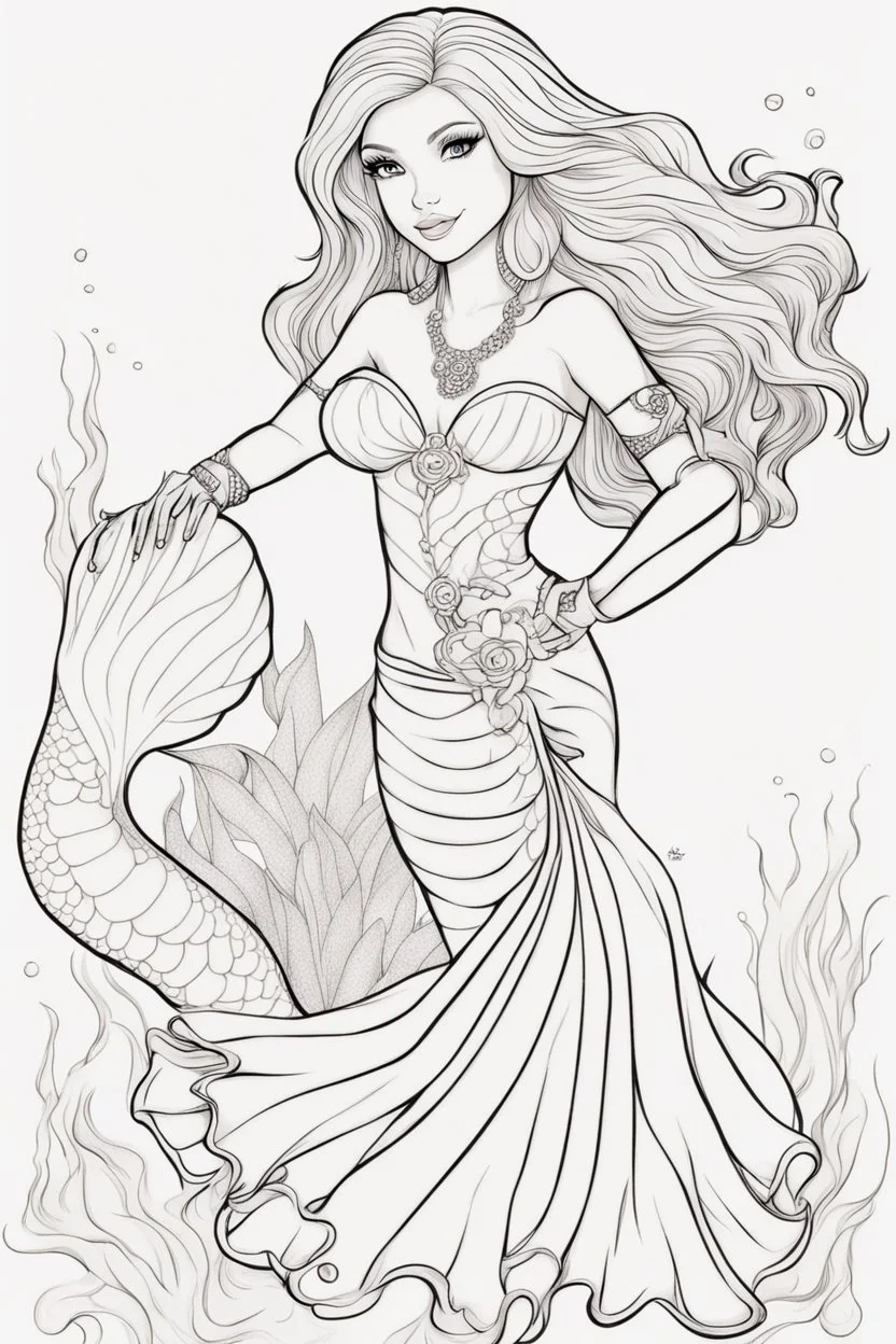 outline art for kids coloring pages with a female mermaid, no background, sketch style, full body, only use outline, mandala style, clean line art, white background, no shadows and clear and well outlined. should look exactly like barbie