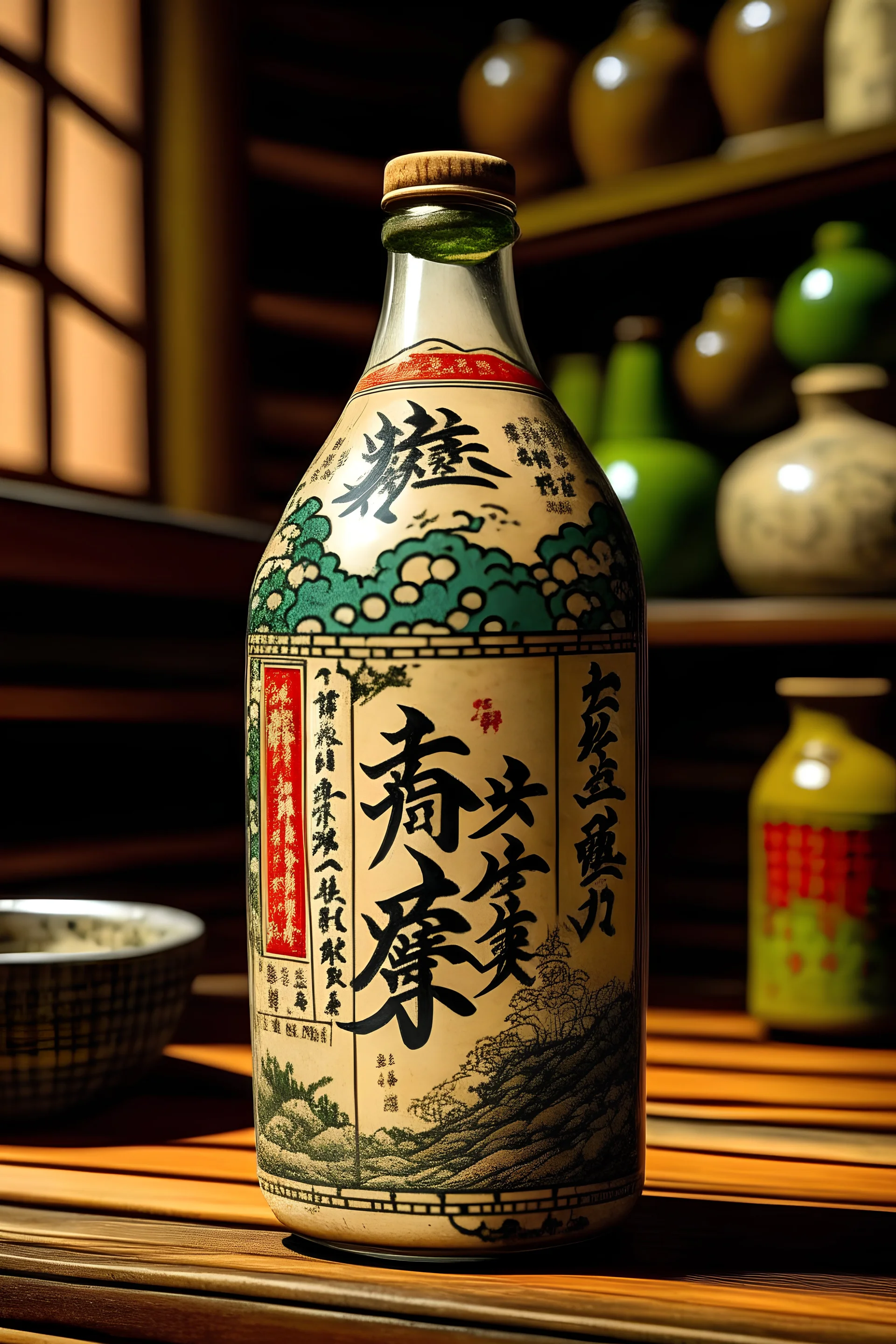 Typical japanese 1800 sake bottle comic book style