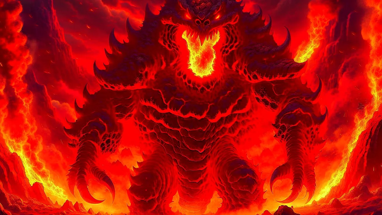 Fantasy digital illustration: 300-foot lava monster, very fierce and scary-looking.