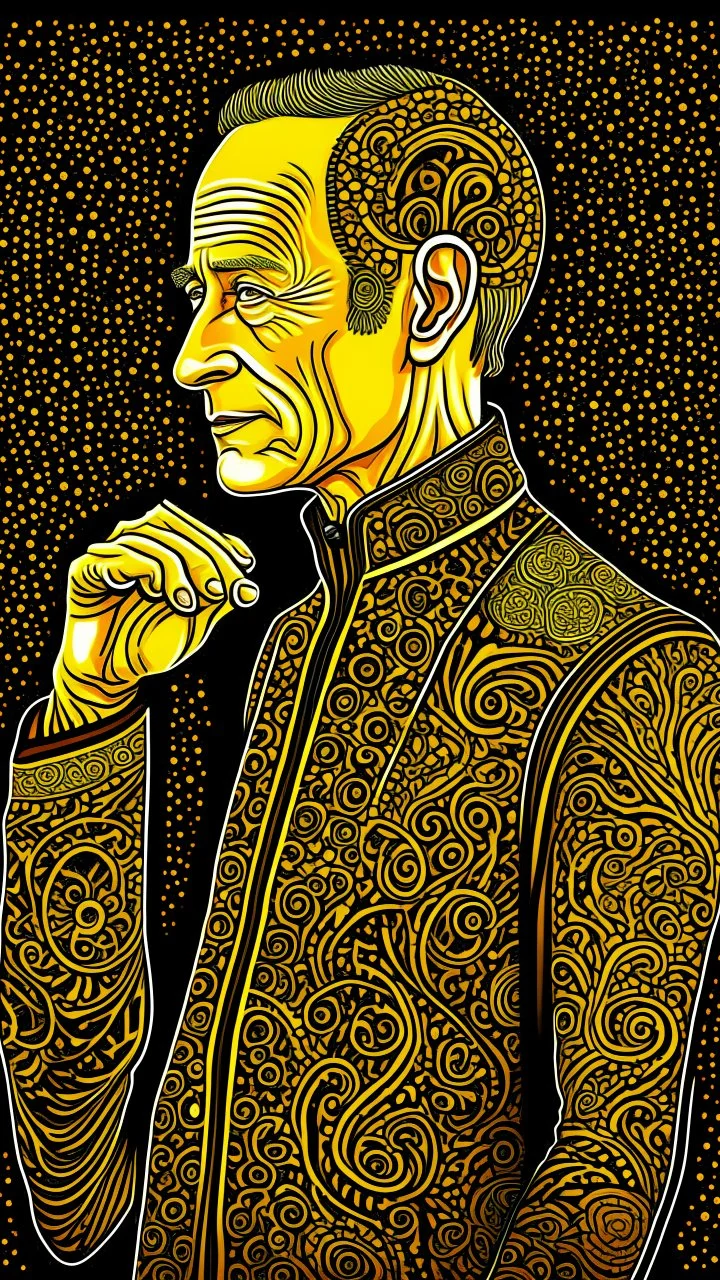 Ed Harris the man in black from westworld in art nouveau style of Gustav Klimt, extremely intricate, ultra detailed, fine dark outlines, 1903s summer vibe, side view, close-up, anatomically correct, perfect body, perfect limbs, perfect fingers, no extra body parts, no distorted fingers and limbs, magical glow golden colors