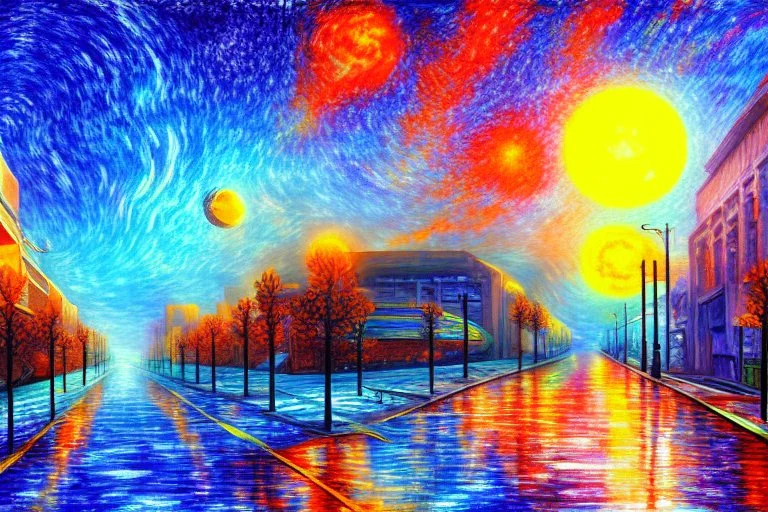 Epic futuristic street, exoplanet in the sky, impressionism painting