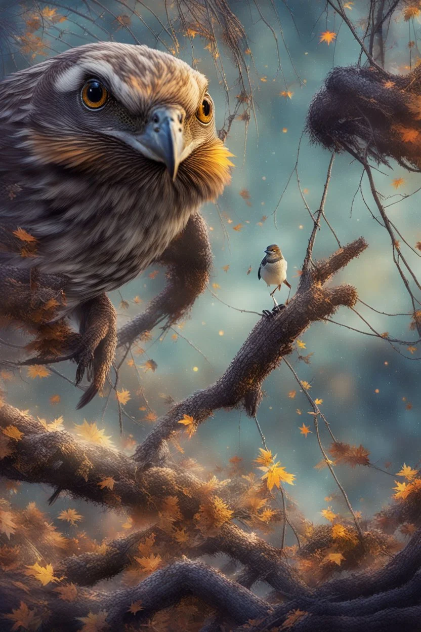 a sparrow sitting on top of a tree branch surrounded by golden autumn leaves, crepuscular , a snake crawling behind the bird ,lighting, unsplash photography, BOKEH shot style of time-lapse photography, fujifilm provia 400x, 100mm lens, luminous shadows, renaissance-inspired , home and garden, wildlife nature photography, HDRI.