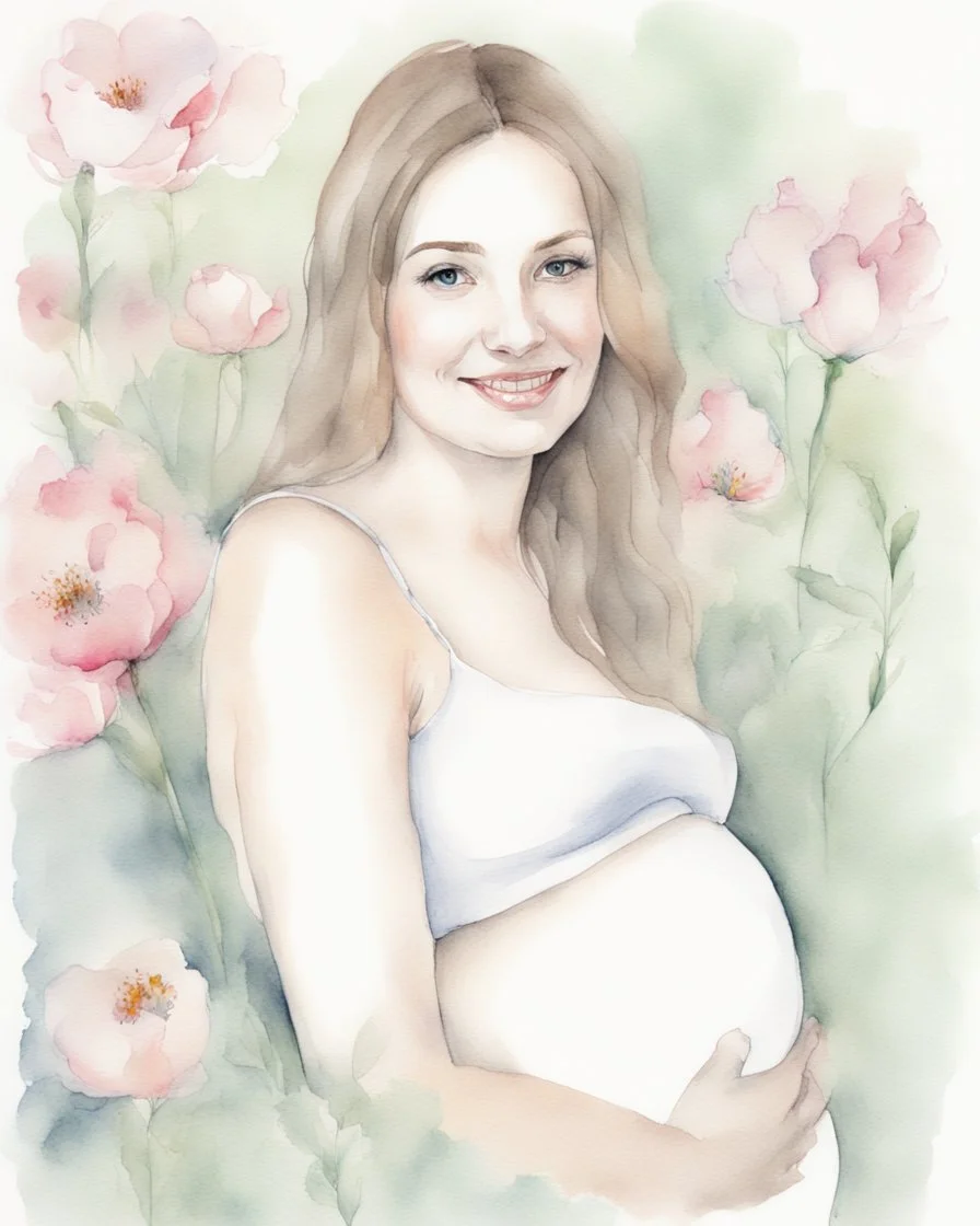 portrait, watercolor, fine drawing, Pregnancy, flowers,