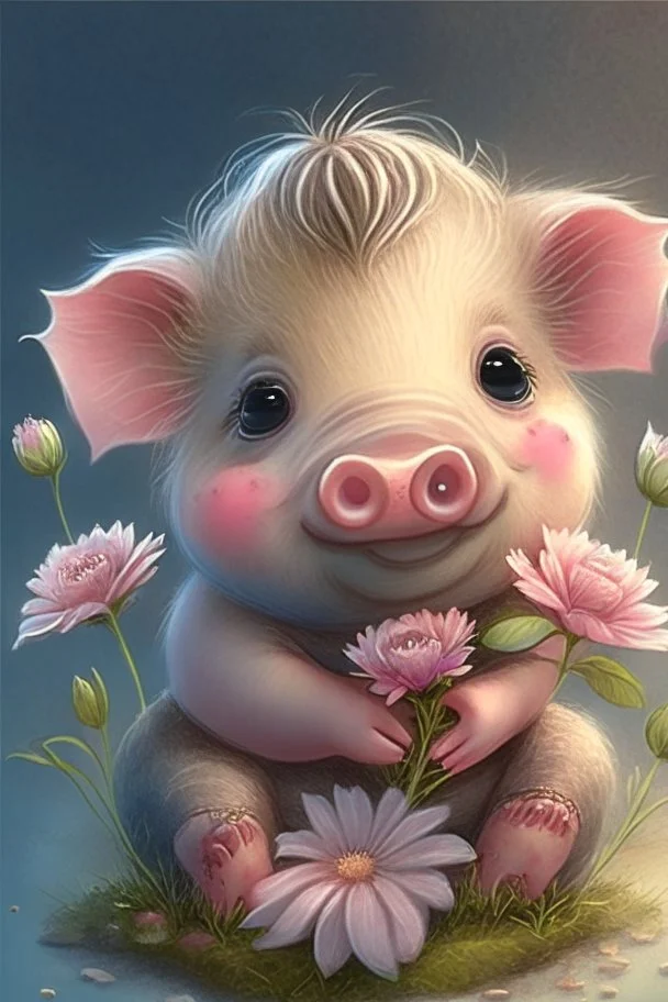 dorable cute happy baby scottish highland pig with dreamy eyes, sitting down and holding a flower, nursery art, very rendered polished Perfect, smooth edges, flawless Facial Features, Stunning, Whimsical Fantasy, Cute, Highly Detailed, Well Rendered, cartoon, illustration