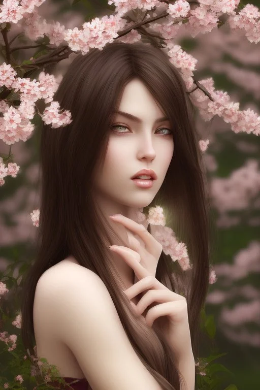 Beautiful Girl in the garden, 18 century, brunette, literally dark hair, dark eyes, slim and tall, smell of sakura