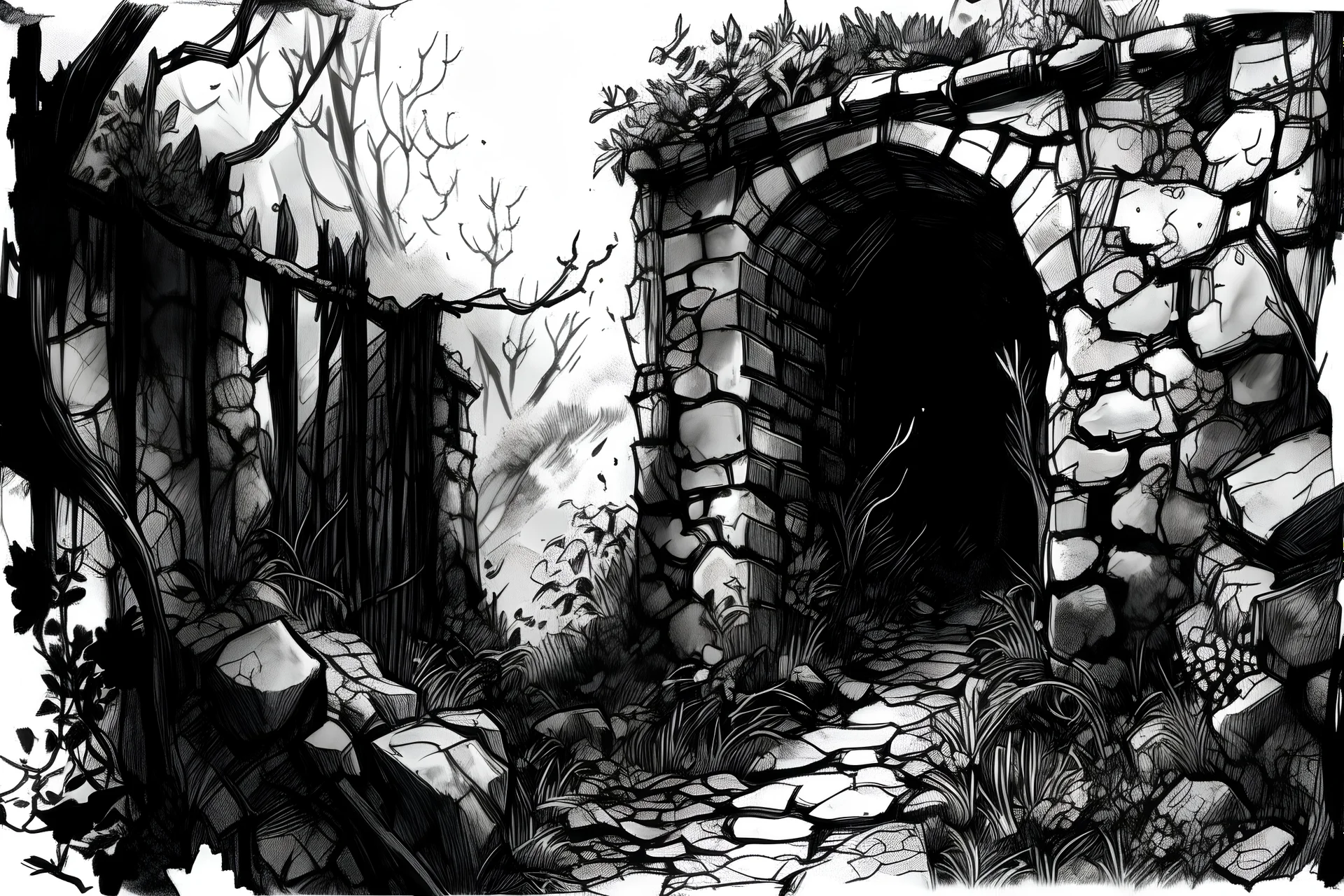 black and white lineart, closeup of an old crumbling stone wall, overgrown with mosses, leaves, brushes, gnarly trees, tree roots, stones and rubble, created in and watercolor, highly detailed, gritty textures, grafik novel style of bill sienkiewicz