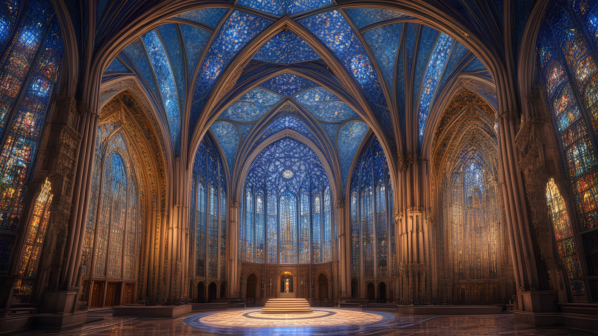 futuristic fantastic symmetrical cathedral internal view, year 2080, night, beautiful, colorful, totally symmetrical design, style William Morris, English arts-and-crafts movement, innovative architecture, award-winning photograph, awesome, serene, inspiring, spiritual, impressive, Cinematic lighting, Epic composition, Photorealism, Very high detail, Unreal Engine, Octane render, HDR