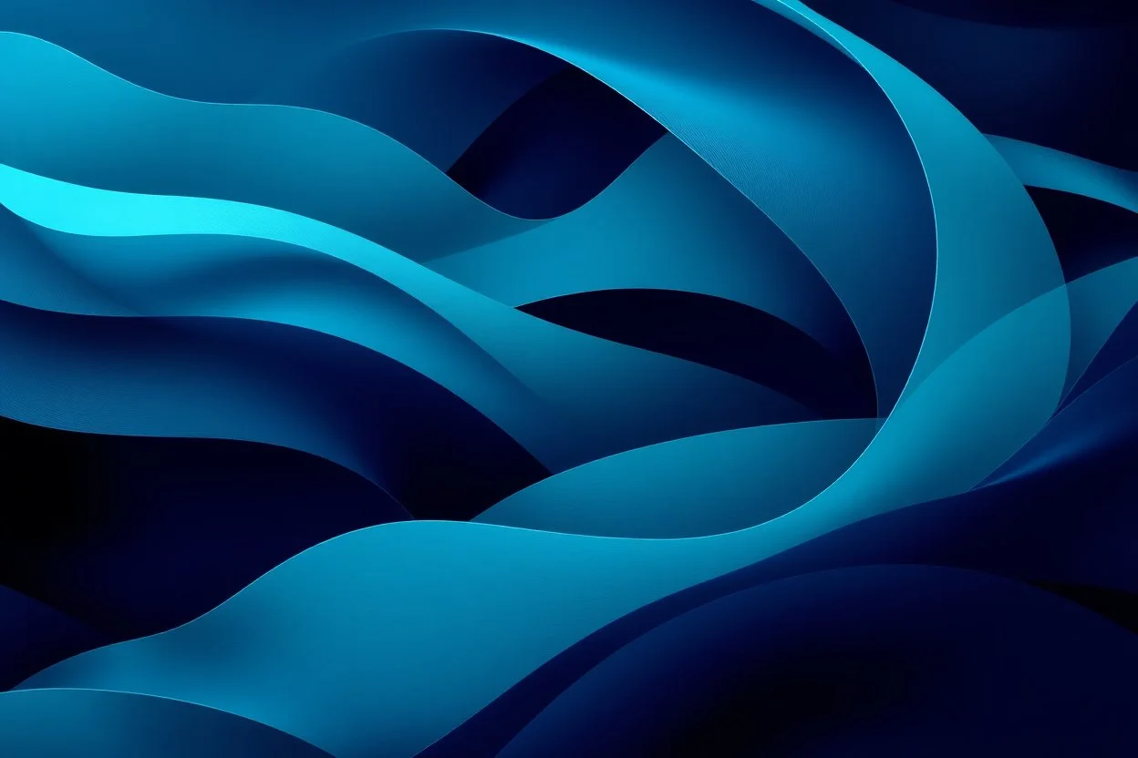 An abstract composition inspired by oceanic motion, with overlapping waves of deep navy and vibrant teal. The ribbons flow in a rhythmic, spiraling motion with subtle gradients and soft lighting that emphasizes the layered, curving forms. Cinematic lighting with a focus on depth and smooth transitions.
